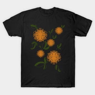 Vintage Autumn Flower Pattern Over Black T-Shirt